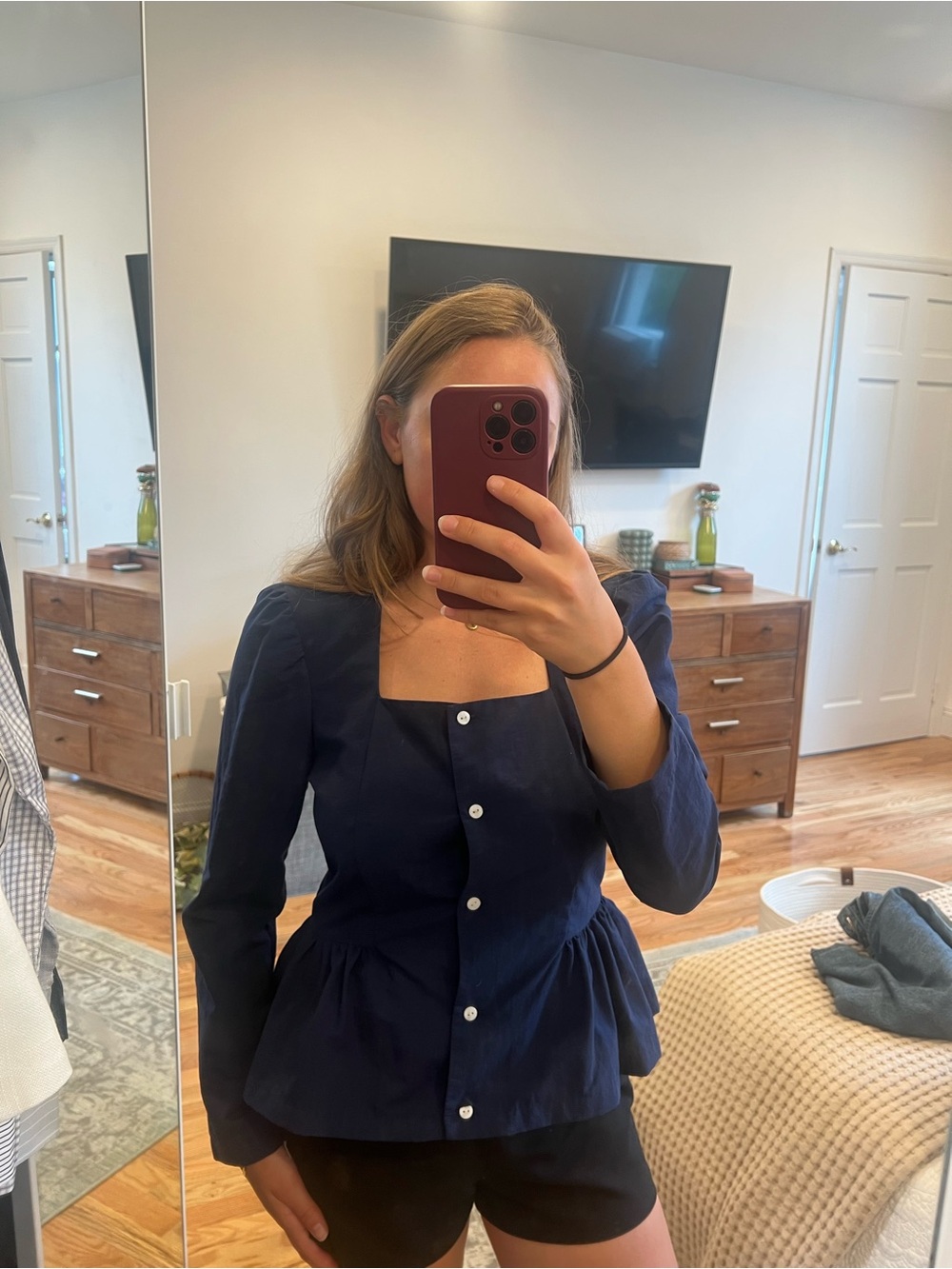 Square-Neck Navy Peplum Button Blouse